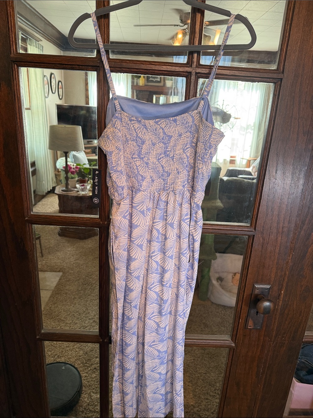 As U Wish Lavender and White Leaf-Print Spaghetti-Strap Jumpsuit - Picture 7 of 7